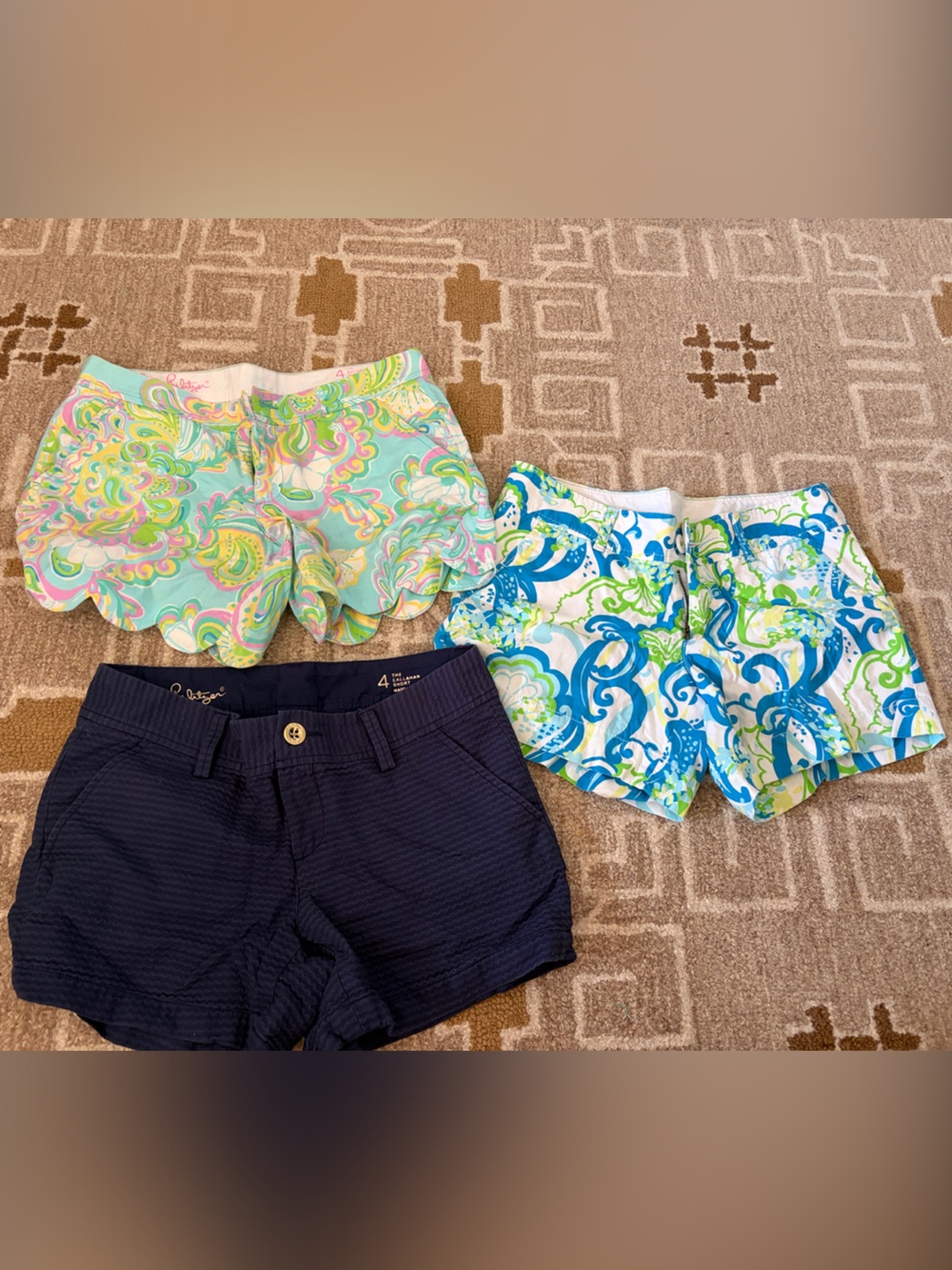 Lilly Pulitzer Girls Multicolor Scallop & Print Shorts Trio - Pastel, Aqua, Navy